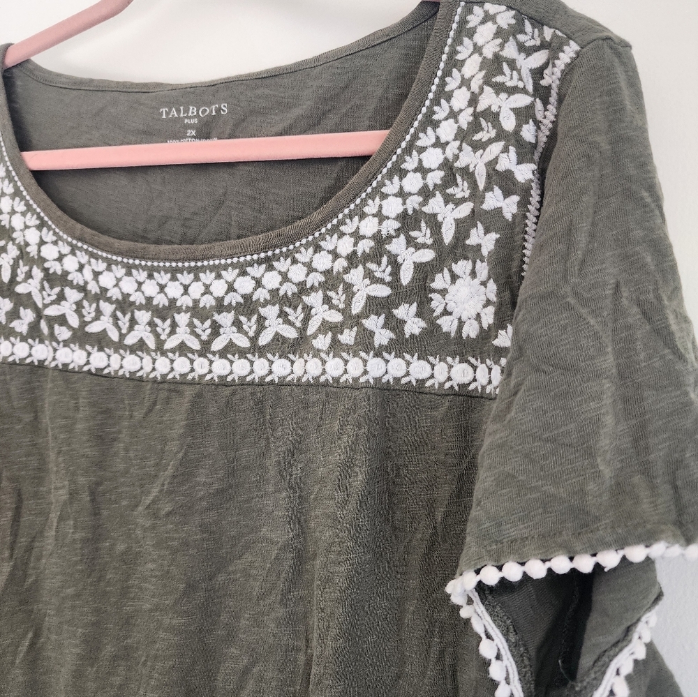 Talbots Olive Green Embroidered Top 2X - Picture 4 of 4